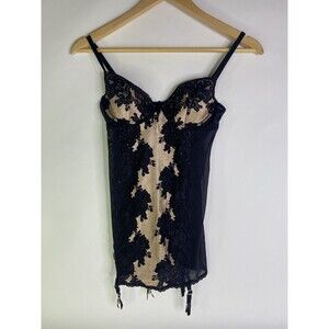 Victorias Secret 34B Garter Satin Lace Corset Slip Black Beige Sexy Seduction